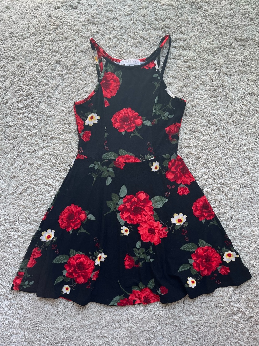 Planet Gold Black Mini Dress with Floral Print